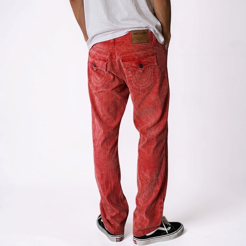 True Religion Geno Relaxed Slim Acid Mineral Wash Corduroy Pants Red Orange 32